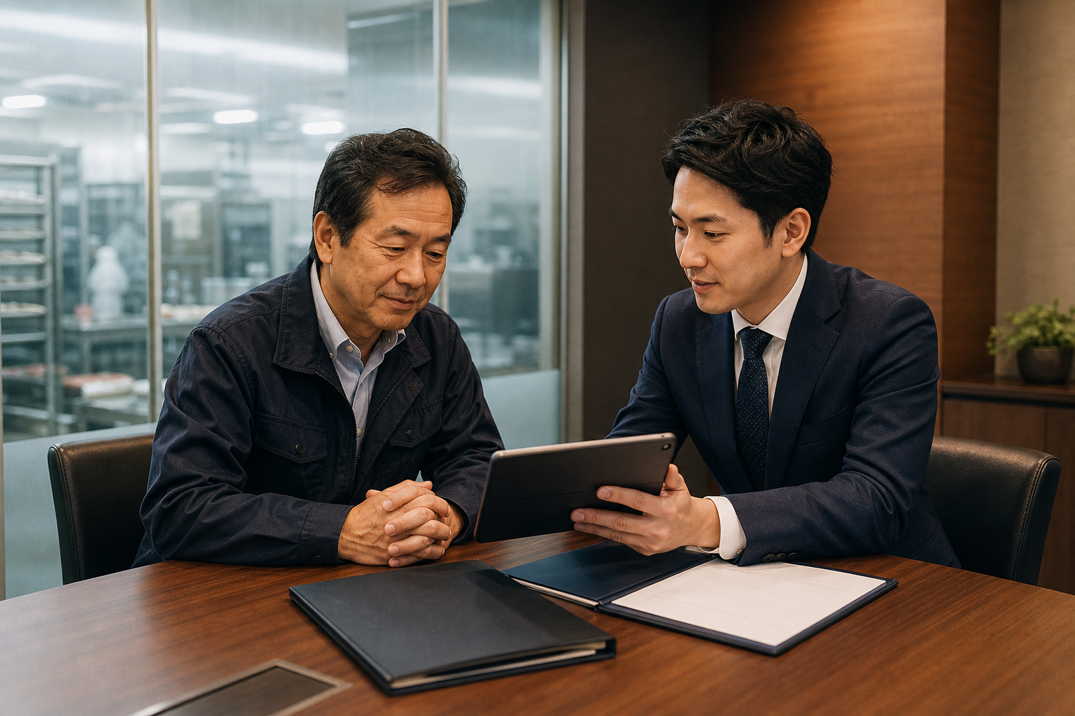 食肉会社の経営者がM&Aアドバイザーと非公開で相談している様子