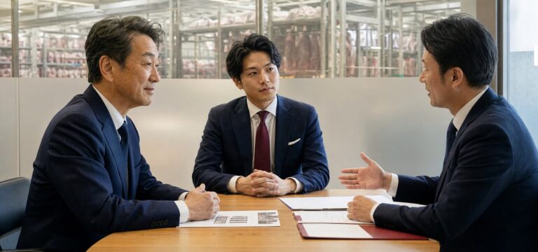 秘密保持を前提に食肉事業の相談を行う様子