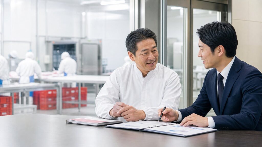 食肉会社の事業承継について相談する経営者とアドバイザー