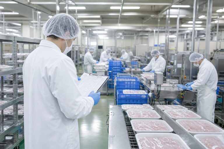 食肉会社の加工設備と現場運営を確認する様子
